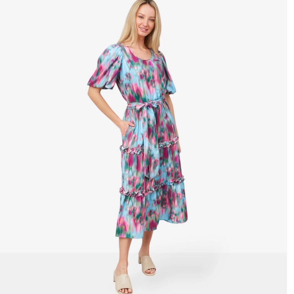 New Badgley Mischka Mark & James Spring Colorful Tiered Midi Dress - Picture 1 of 6